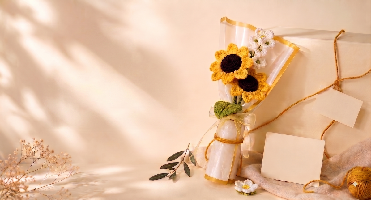 Crochet sunflower bouquet wrapped in gold ribbon, beside a gift box and cards