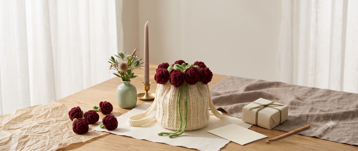 Cream crochet potli bag crowned with dark red roses, styled on a wooden table
