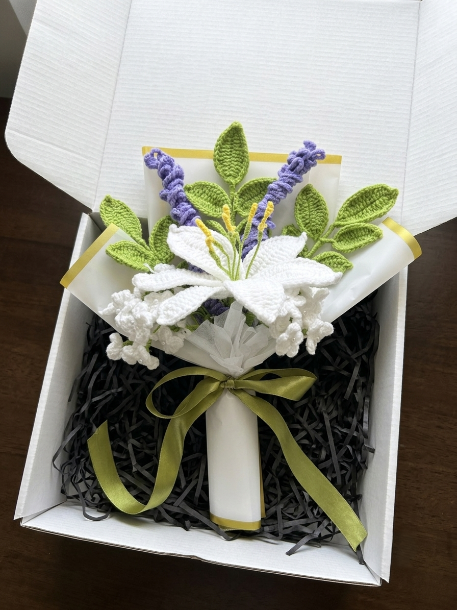 The bouquet packed in a white gift box on shredded black filler