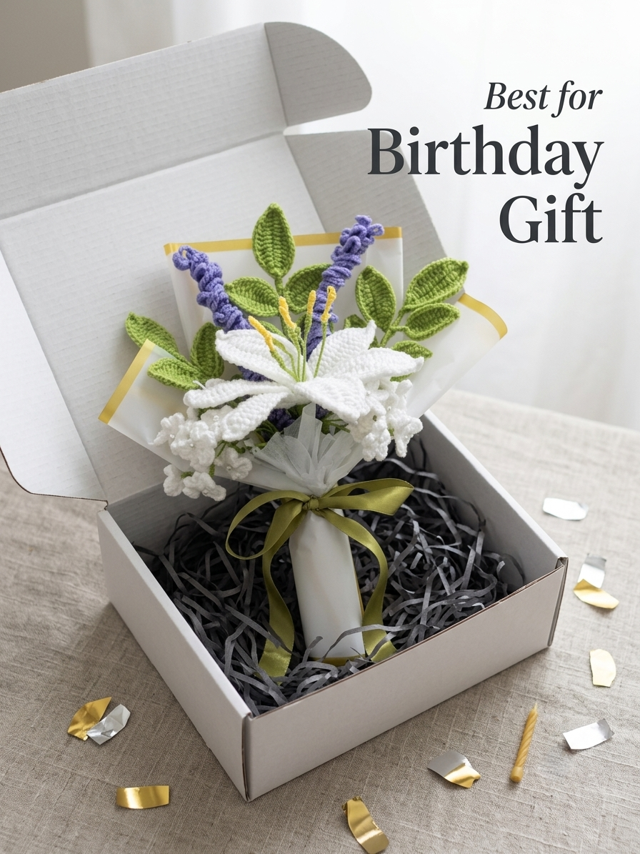 The bouquet in its open gift box with birthday confetti scattered around