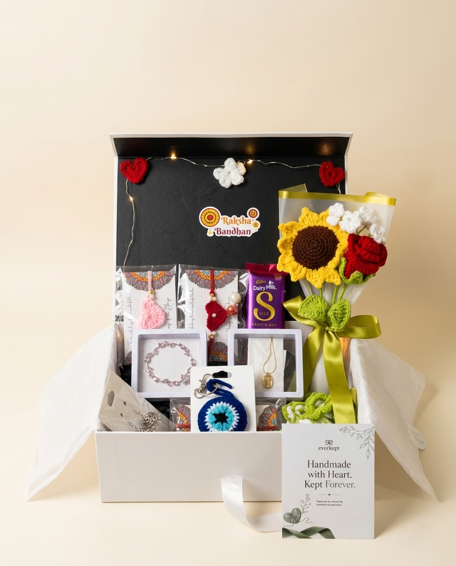 The full Rakhi hamper packed and arranged, with the crochet bouquet, jewellery, chocolate and keepsake card