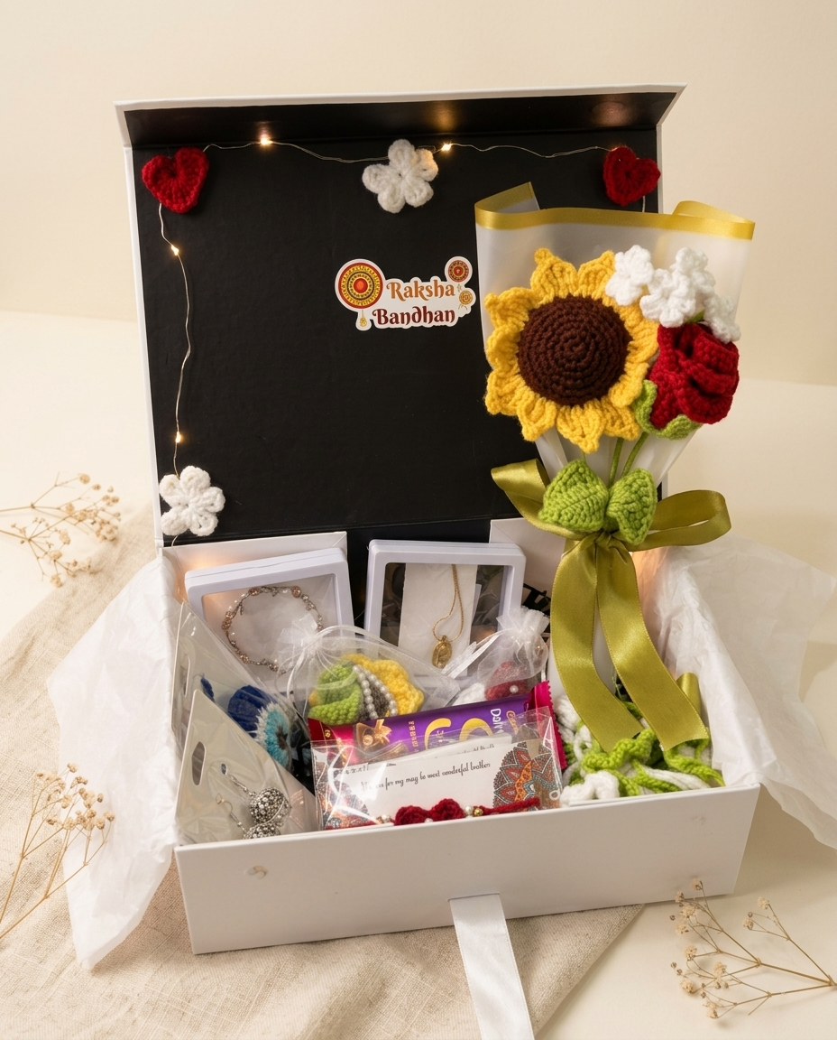 Open white Rakhi gift box with a crochet sunflower and rose bouquet, jewellery boxes, chocolate and a Raksha Bandhan badge