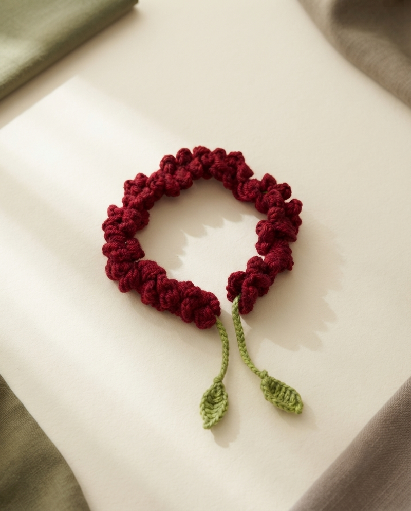 Dark red crochet bun gajra with green leaf ties, coiled on a cream surface