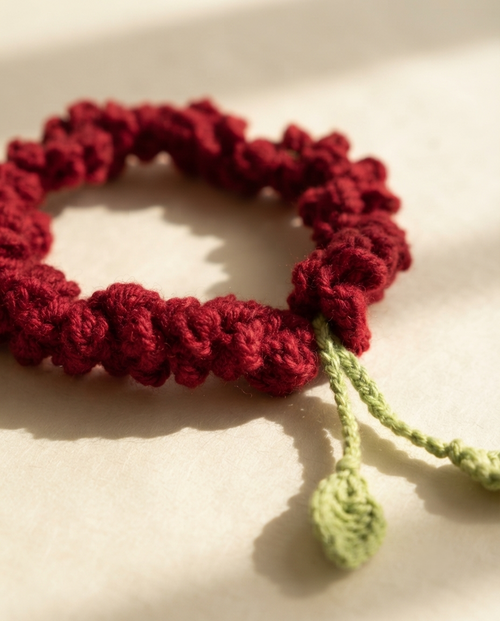 Close view of the ruffled red crochet and the green crochet leaf tie
