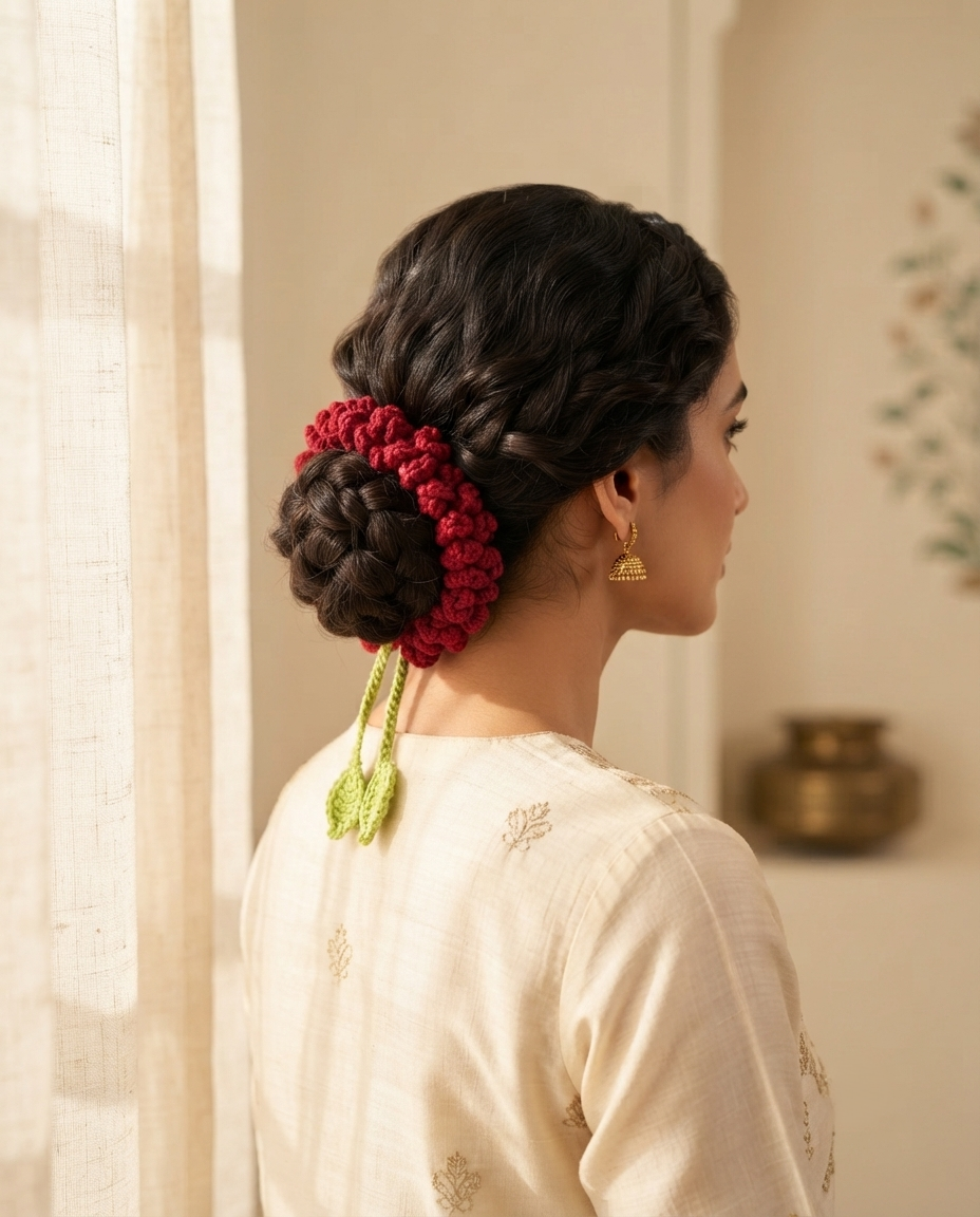 Woman in a cream kurta wearing the red bun gajra wrapped around a low bun