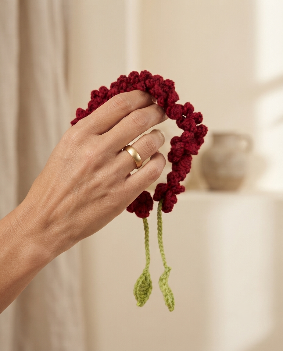 The red bun gajra held in a hand, showing its coiled length and leaf ties