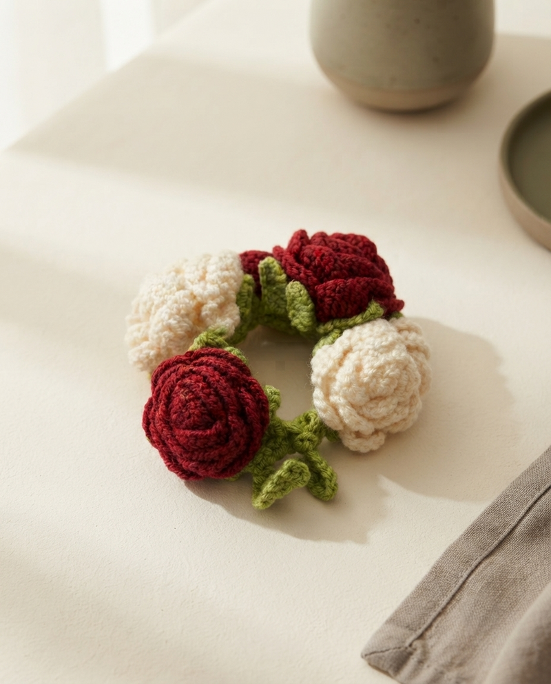 Crochet gajra of red and cream roses with green leaves, on a pale surface beside a ceramic bowl
