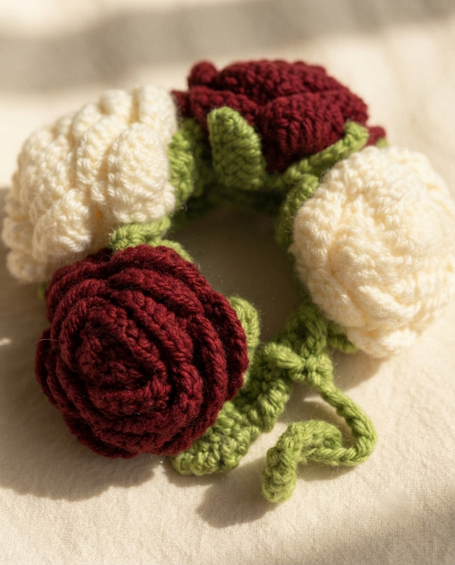 Close view of the crochet roses and the trailing green vine and leaves