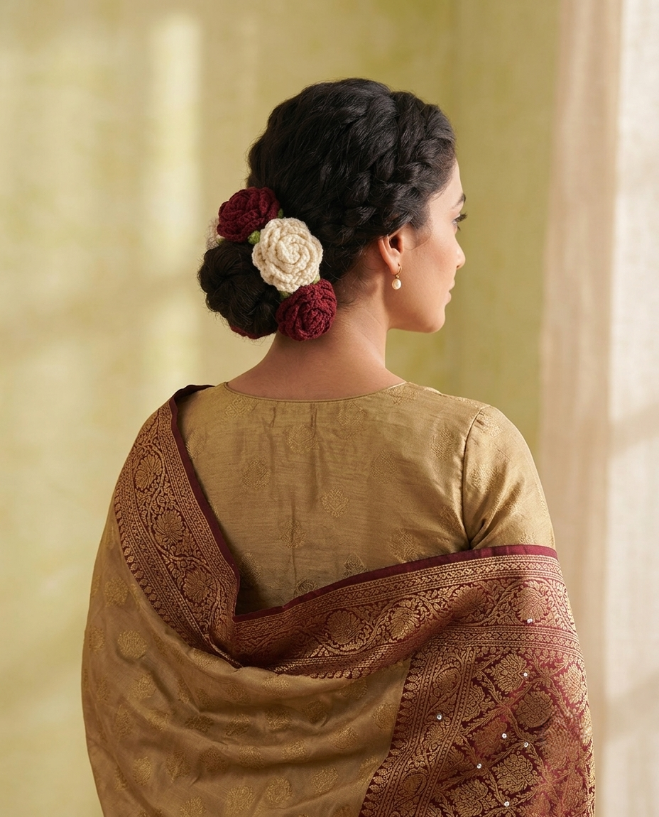 Woman in a gold Banarasi saree wearing the rose gajra around a braided bun