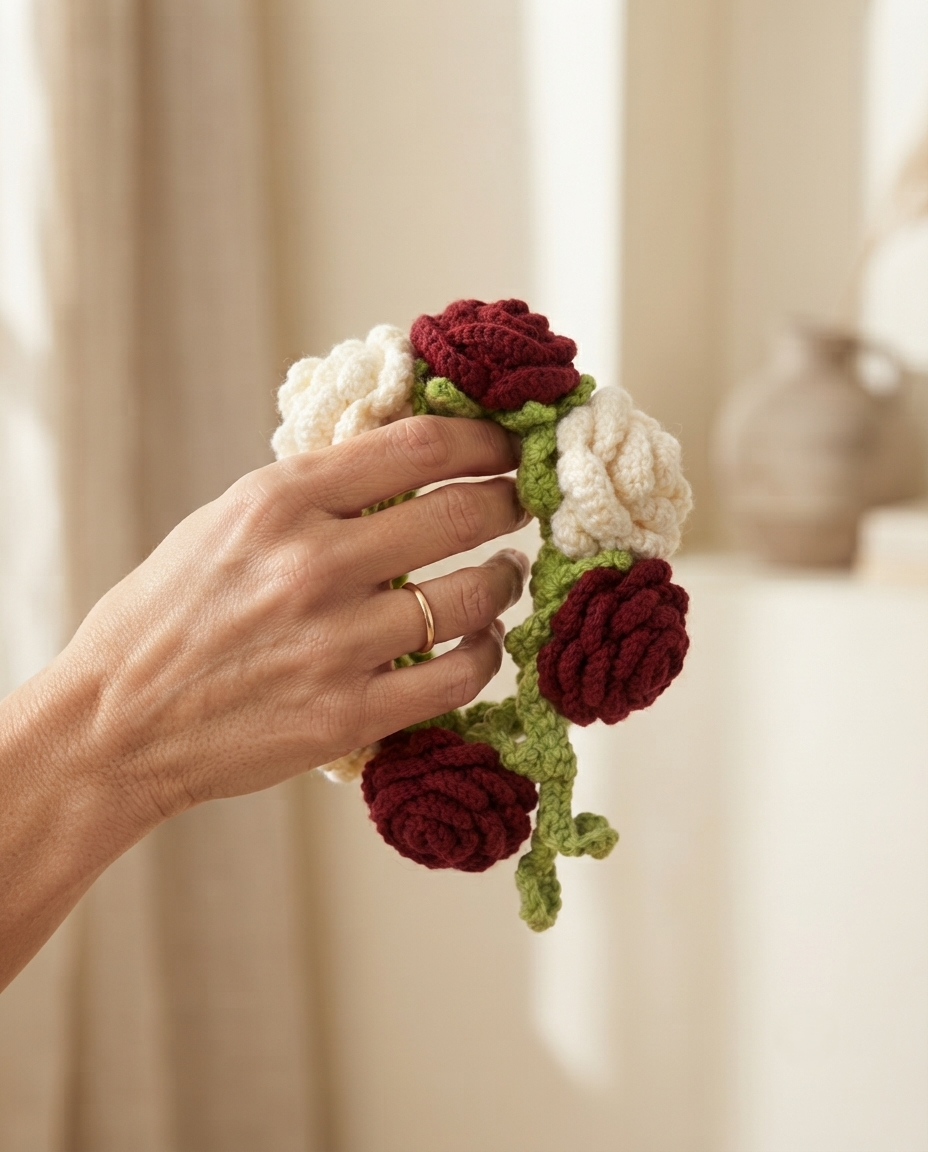 The rose gajra held in a hand, showing the four roses and the vine