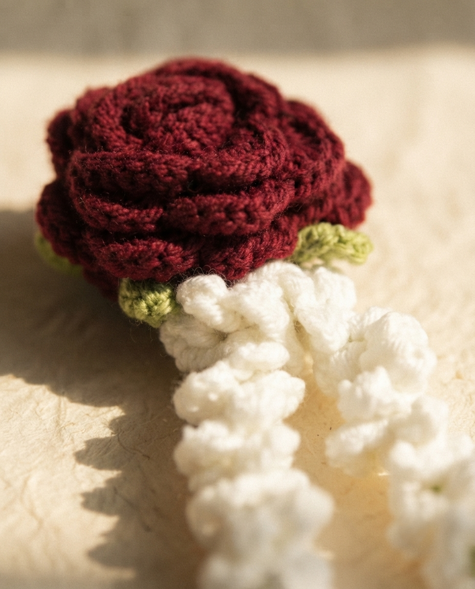 Close view of the crochet rose and the white mogra strands in warm light