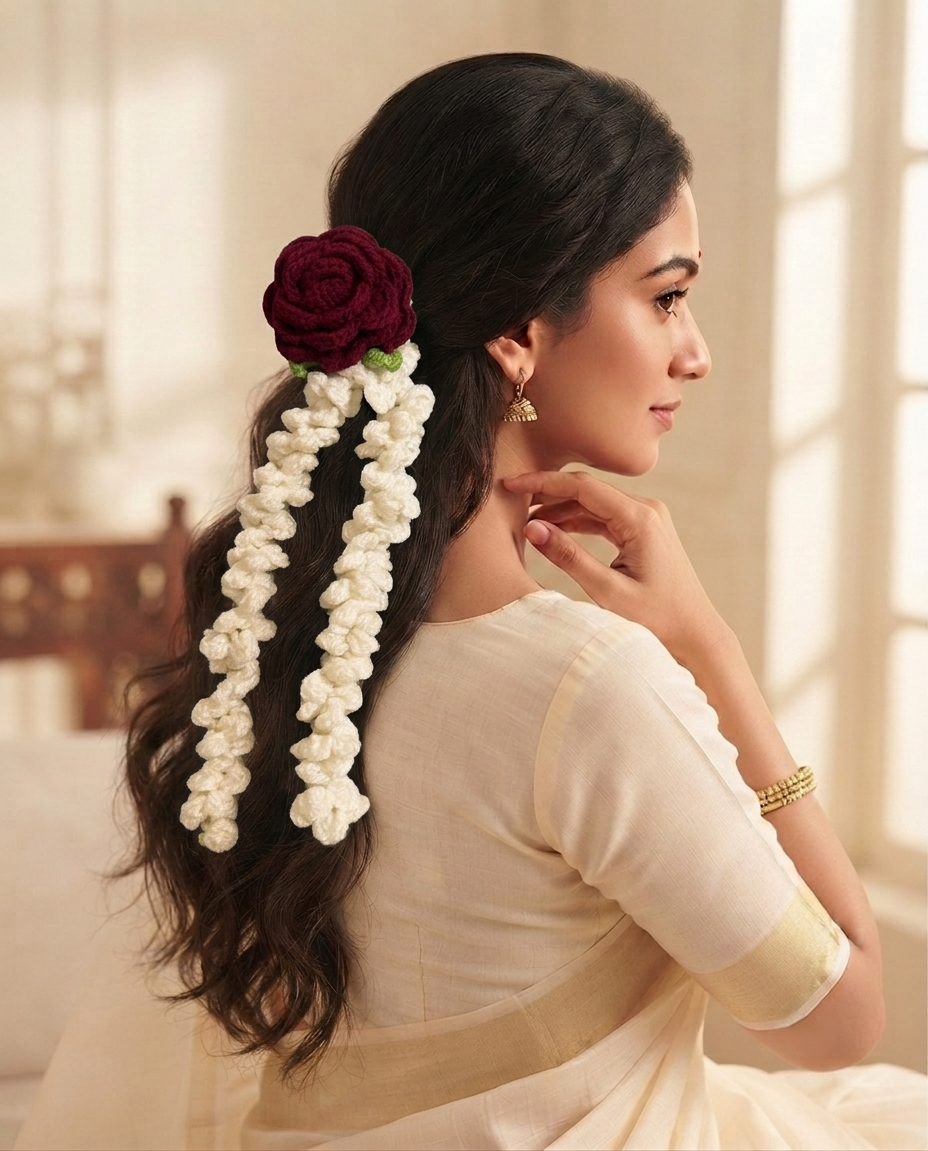 Woman in a cream saree wearing the rose and mogra gajra in her hair, seen from behind