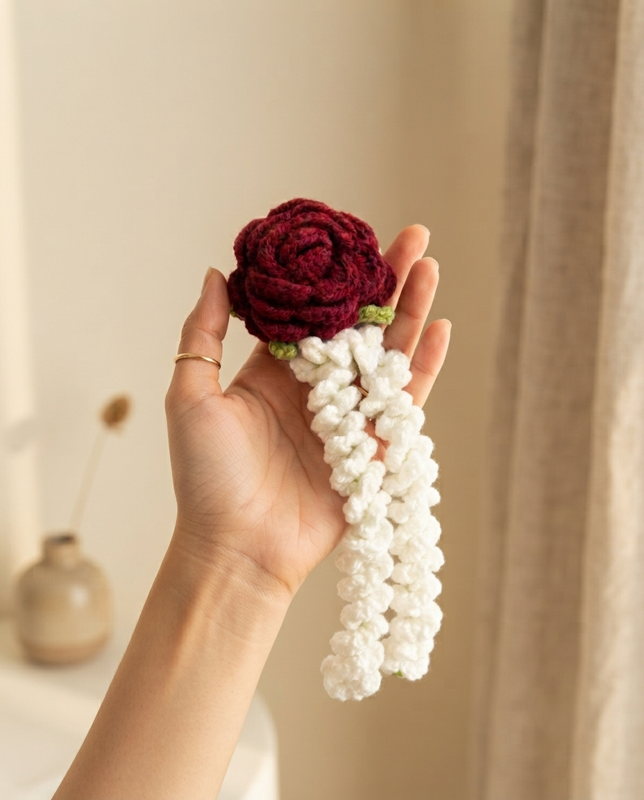 The gajra held in an open hand, showing the length of the mogra strands