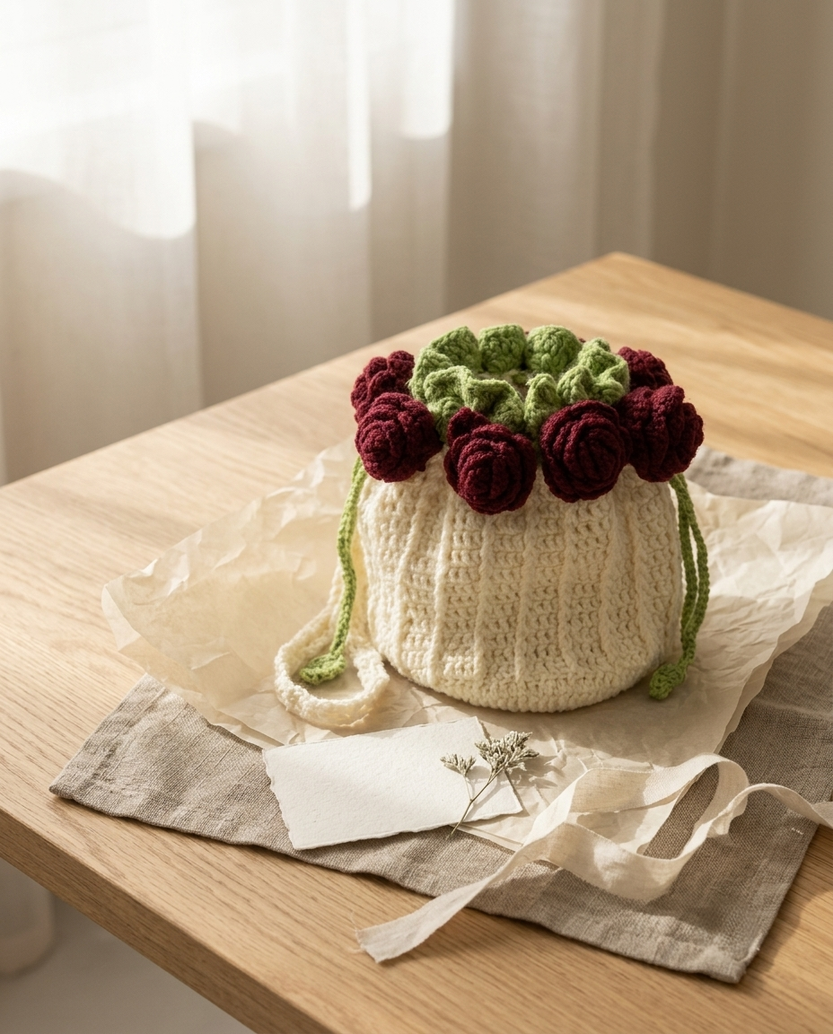 Cream crochet potli bag with a crown of dark red roses, on a wooden table with tissue paper