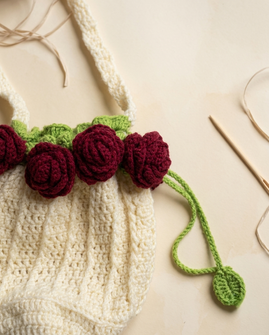 Close view of the red crochet roses and green leaf-tipped drawstring, beside a crochet hook