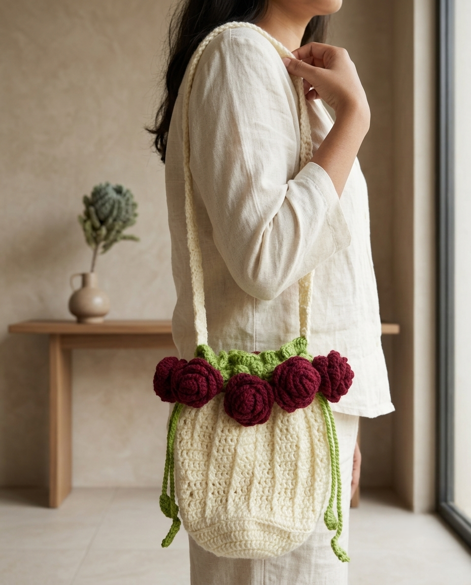Woman carrying the cream rose potli bag on her shoulder in a sunlit room