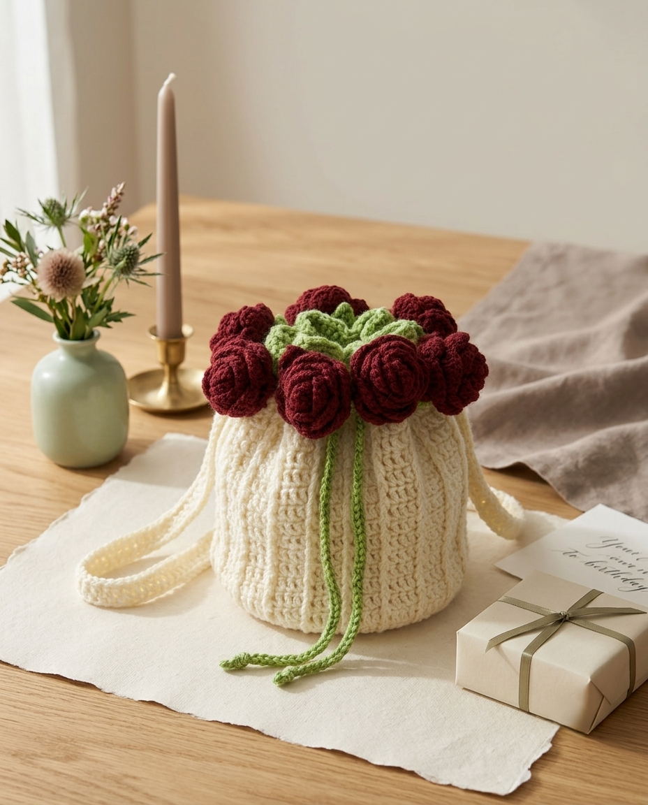 The potli bag on a linen mat beside a candle, dried flowers and a wrapped gift