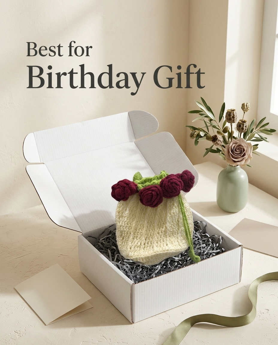 The potli bag packed in an open white gift box beside a vase of dried roses