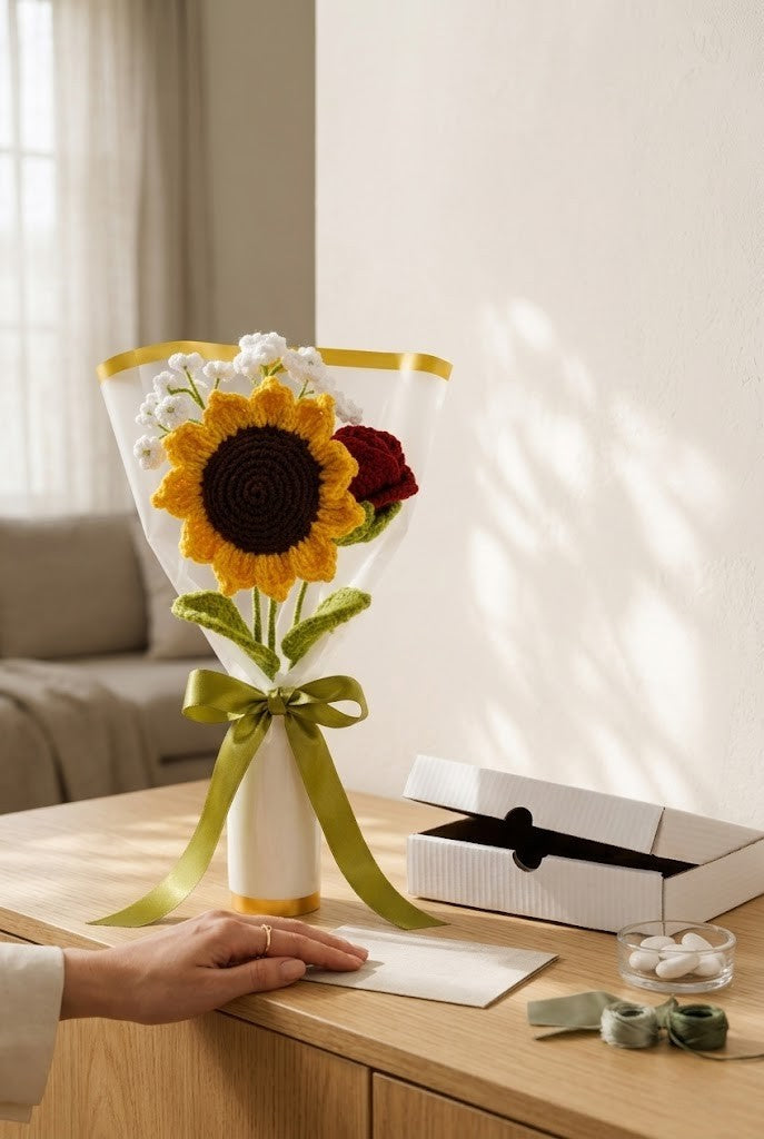 The finished bouquet styled on a wooden table