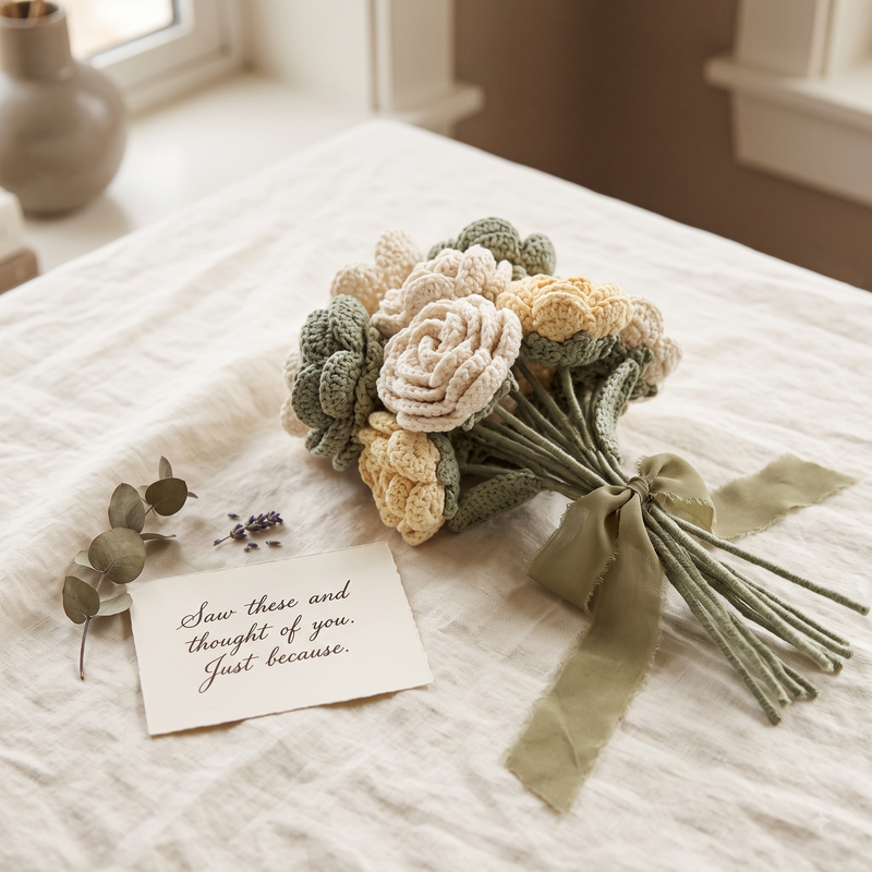 Everkept just because gifts — a crochet bouquet and a handwritten card on linen
