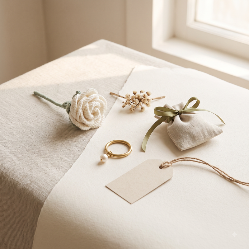 Everkept gifts under ₹500 — crochet rose, keyring, linen pouch and gift tag